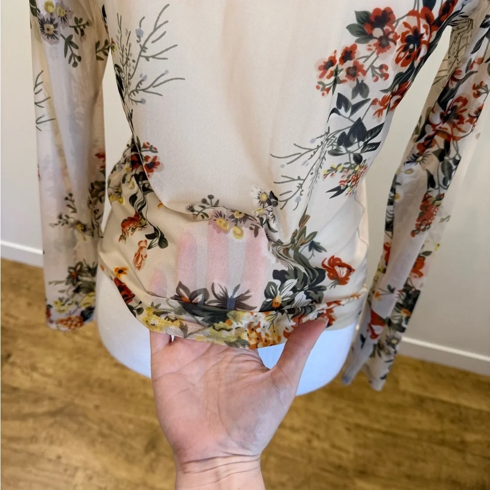 Lee Cooper Fairy Grunge Mesh Mockneck Floral Top size Medium Y2K Bohemian Sheer - Picture 5 of 11